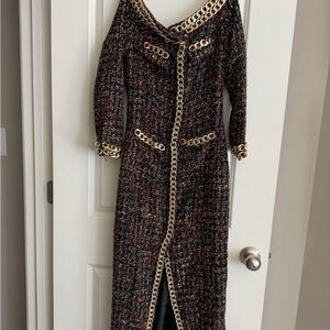 Elegant Black and Gold Chain-Embellished Tweed Dress